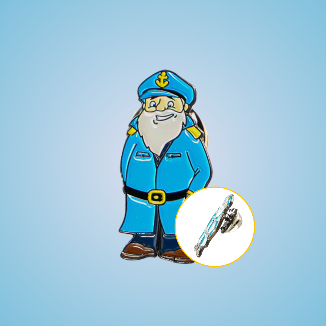 Custom made pirate enamel pin, two views, on blue background - Promo Bears USA How to use temporary tattoo made by Promo Bears