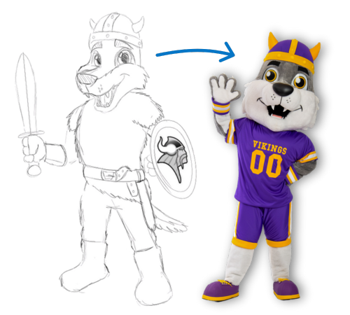 Skizze eines Wikinger-Maskottchens mit Schwert und Schild neben dem fertigen Maskottchen-Kostüm im violetten Trikot – Beispiel für den Designprozess.