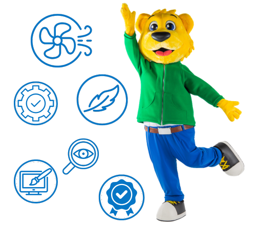 Gelbes Löwen-Maskottchen-Kostüm mit grüner Jacke und blauen Hosen, dargestellt mit Symbolen für Funktionalität, Komfort und Qualität im Designprozess.