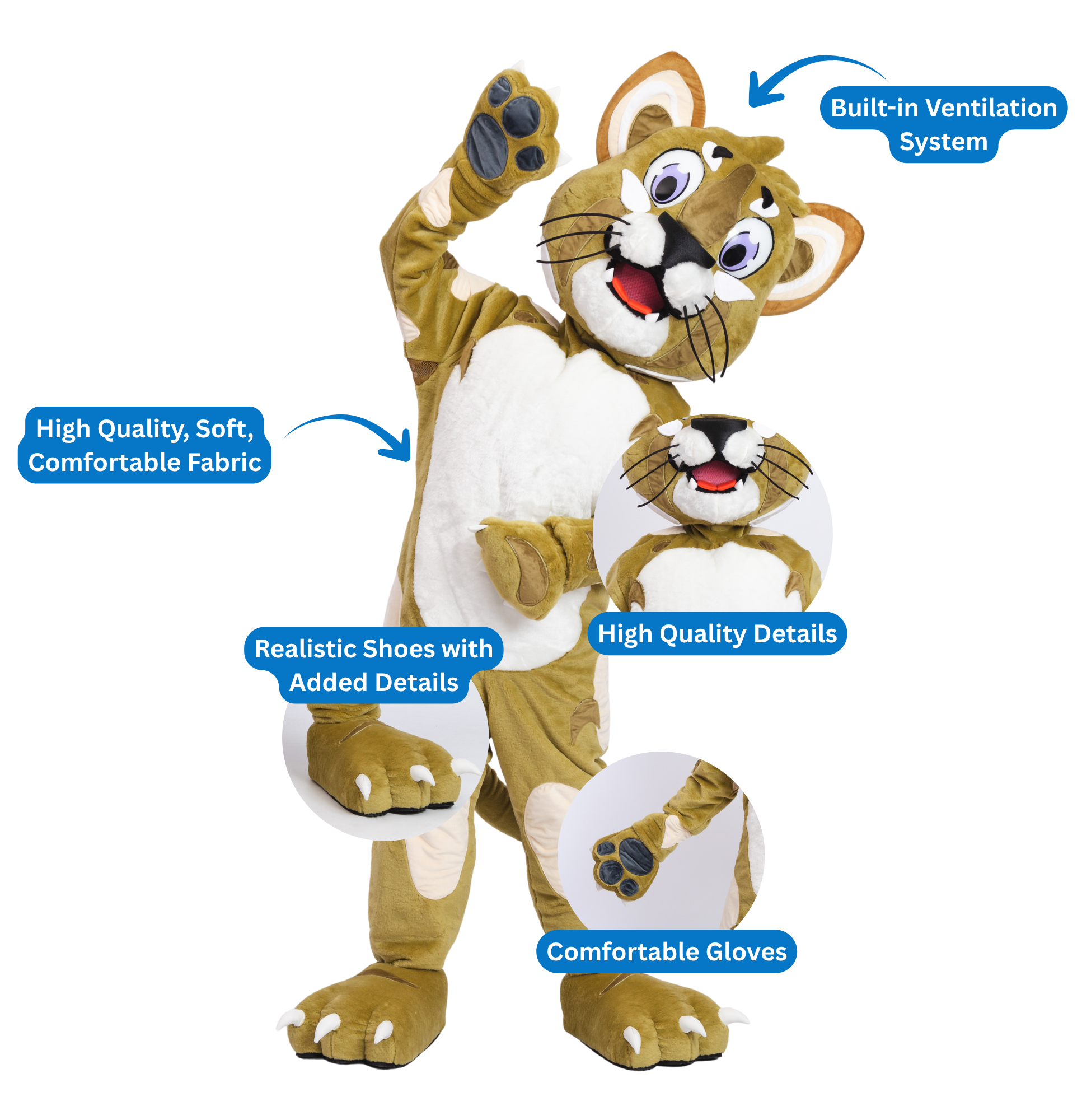 High-quality mascot costume of a smiling big cat character featuring soft, comfortable fabric, built-in ventilation system, realistic shoes with added details, high-quality facial details, and comfortable gloves.
