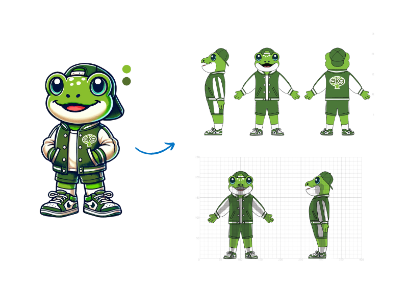 KI-generiertes Frosch-Maskottchen mit grüner Jacke und Cap, überarbeitet von Designern zu einem funktionalen Maskottchen-Kostüm mit 3D-Ansichten.