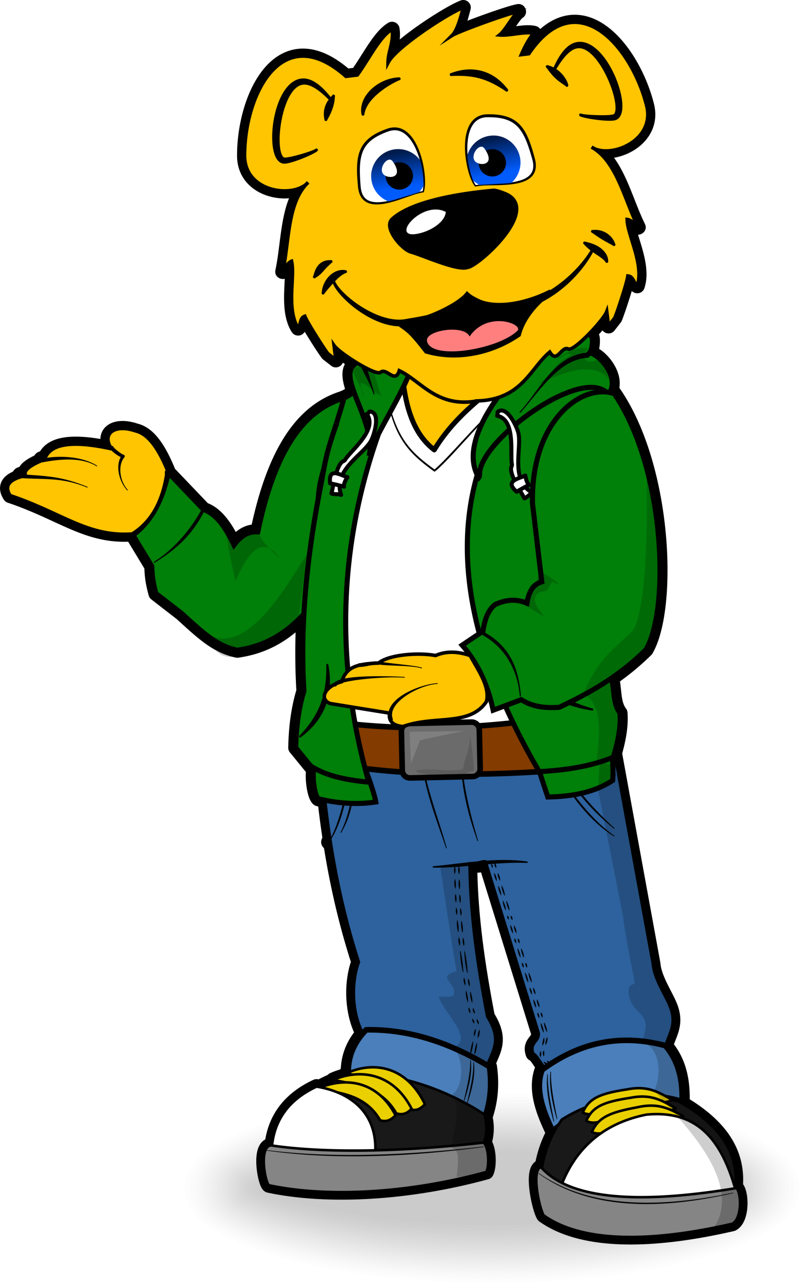 Maskottchen-Bär im grünen Hoodie, freundlich lächelnd, als Beispiel für hochwertiges Maskottchen-Zubehör.