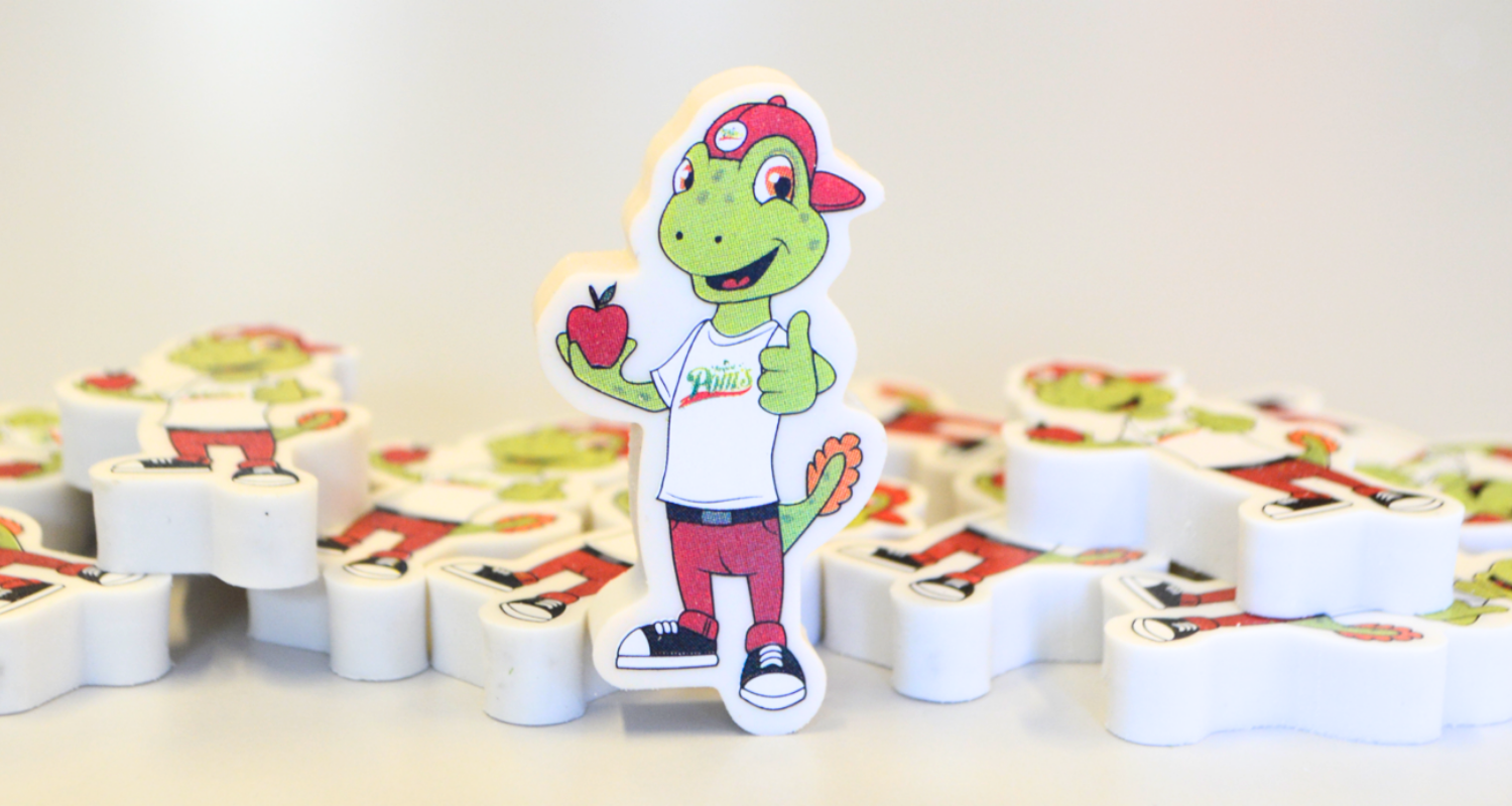 Why does mascot merchandise matter? Picture of custom green frog eraser made by Promo Bears USA
