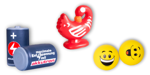 Individuell geformte Stressbälle in Sonderform – Batterie-, Ente- und Emoji-Stressbälle von Promo Bears.