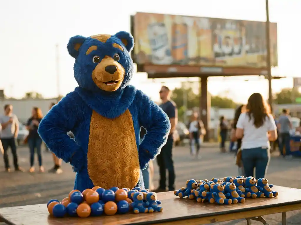 Custom bear mascot costume at outdoor brand activation event with branded stress balls and plush toys on display table, warm golden sunlight.