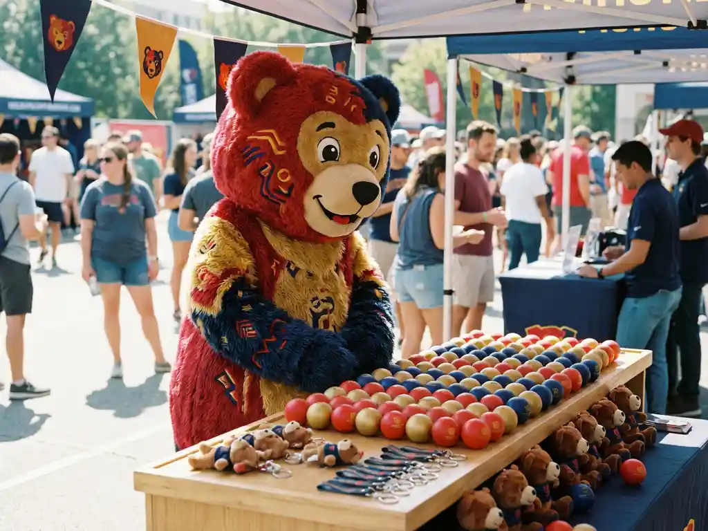 Custom bear mascot costume at an outdoor brand activation event with branded stress balls, plush toys, and keychains on a display table.