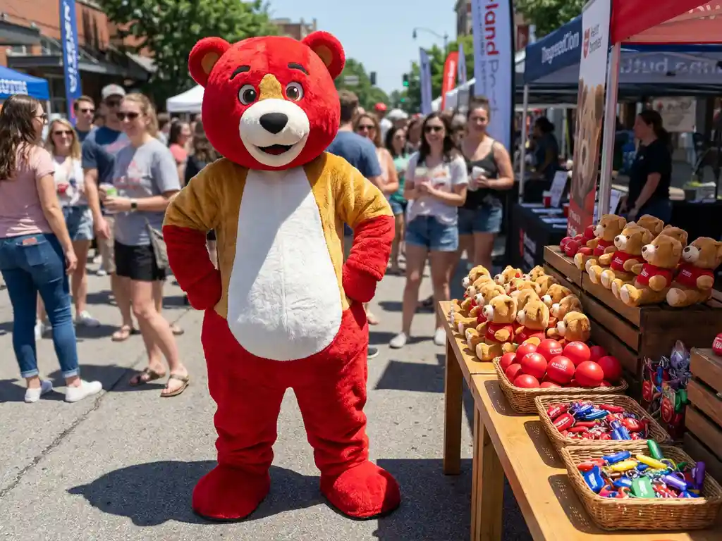 Custom bear mascot costume at an outdoor brand activation event, with plush toys, stress balls, and keychains displayed on a nearby table.