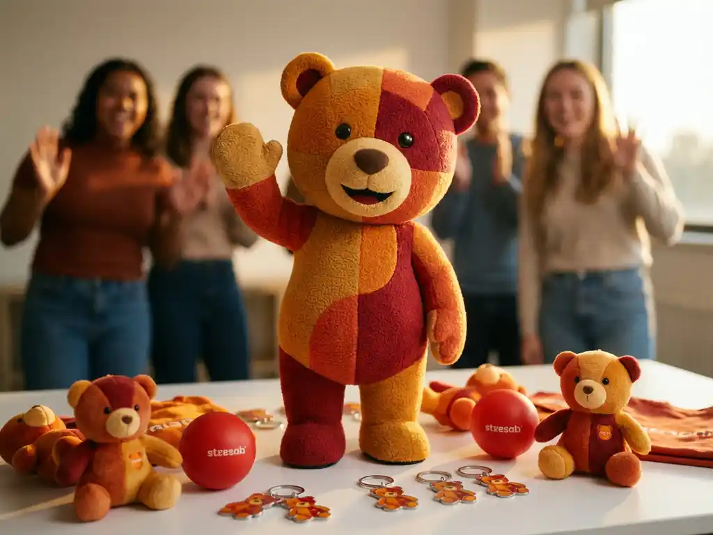 Custom bear mascot costume surrounded by branded plush toys, stress balls, and keychains on white surface, crowd reacting with delight in background.