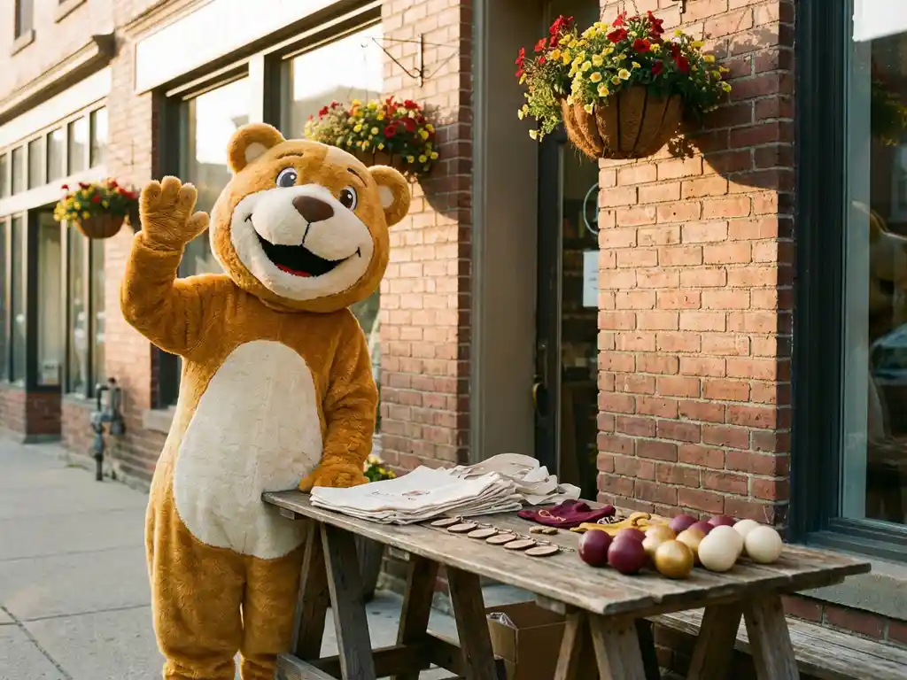 Custom bear mascot costume outdoors beside branded tote bags, keychains, and stress balls on a wooden table, warm brick storefront with flower baskets behind.