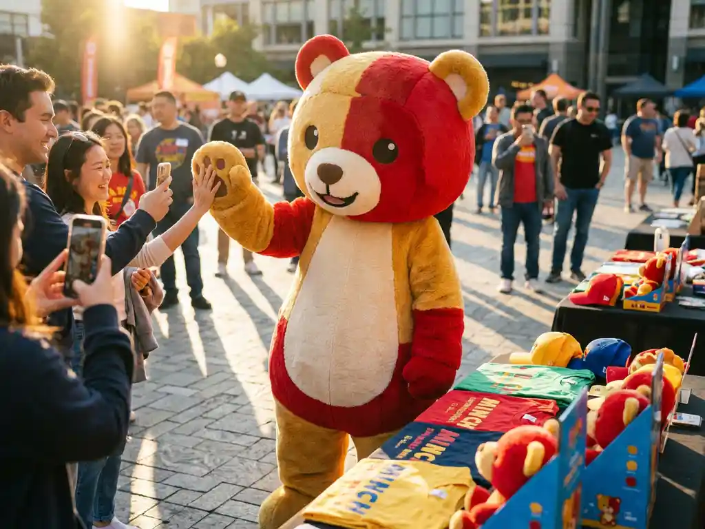 Custom bear mascot costume entertaining a crowd at an outdoor event plaza, with smiling visitors photographing it in warm golden afternoon light.