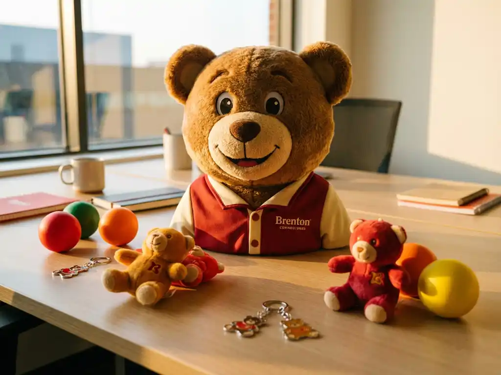 Custom bear mascot costume displayed with branded promotional items including plush toys, stress balls, and keychains on a sunlit office desk.
