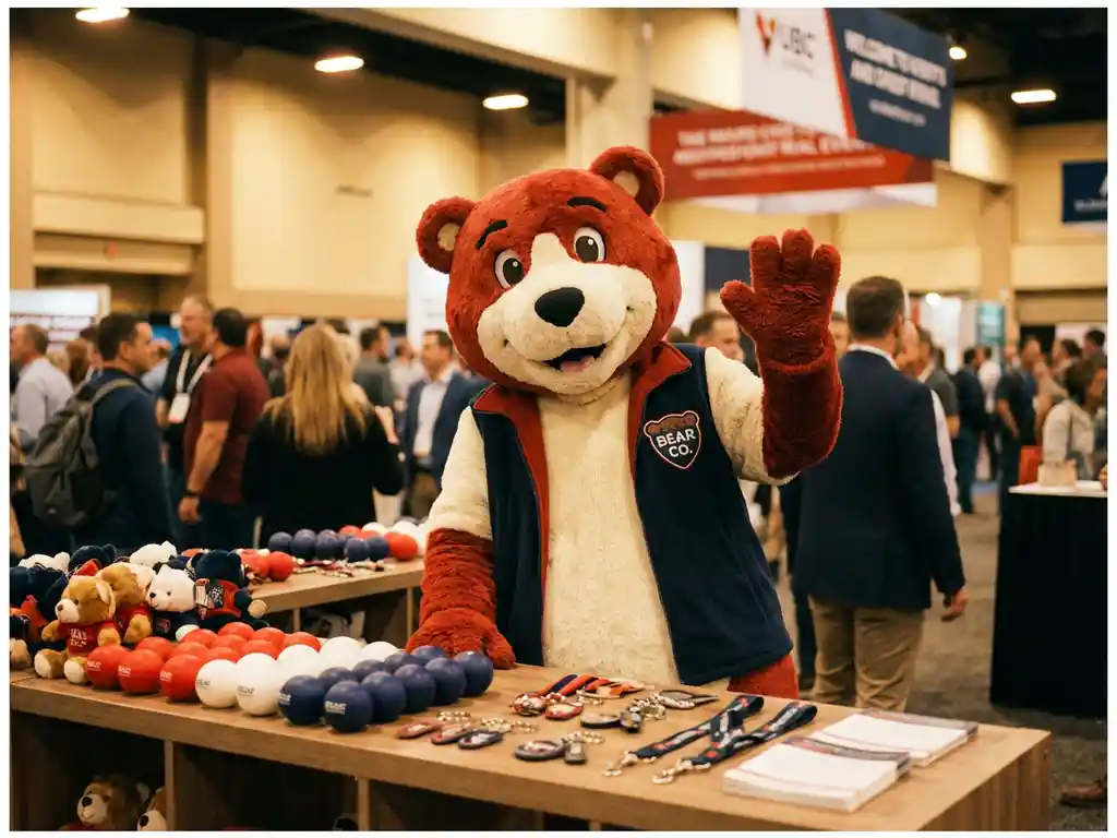 Custom bear mascot costume at a trade show display table with branded stress balls, plush toys, and keychains in red, white, and navy.