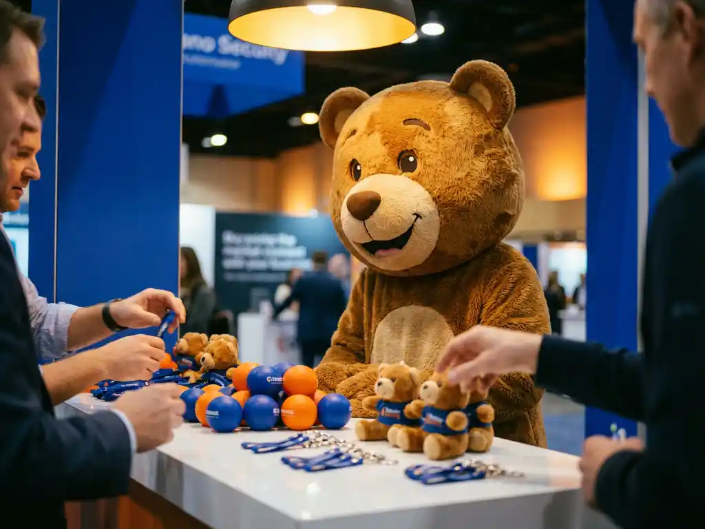 Bear mascot costume at a trade show booth with branded stress balls, plush toys, and keychains on a white display table.