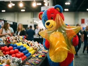 Mascot bear costume holding giant inflatable star at trade show booth with stress balls, plush toys, and branded keychains on display table.