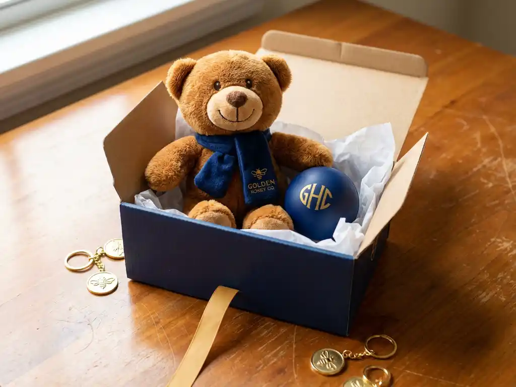 Branded plush bear and custom stress ball in an open gift box with white tissue paper, ribbon, and keychains on a wooden surface.