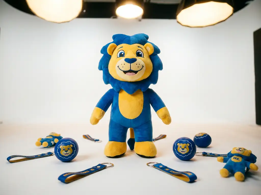 Branded mascot costume displayed with promotional keychains, stress balls, and plush toys on white surface in cobalt blue and golden yellow.