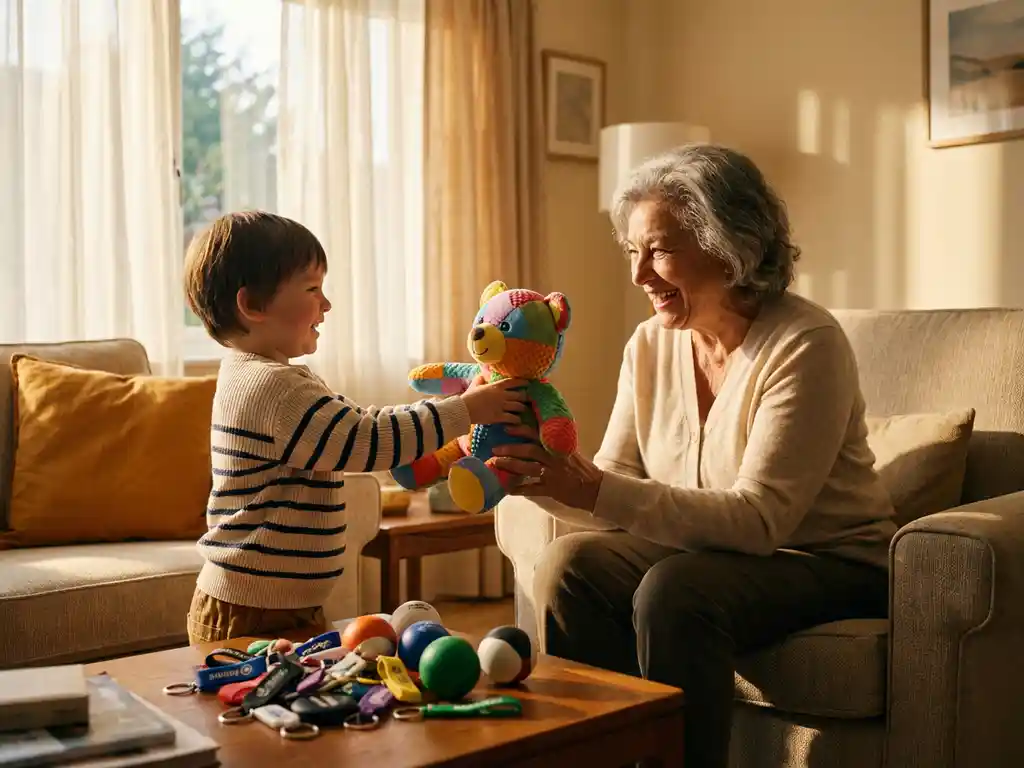 Child handing a colorful custom plush bear mascot toy to a smiling grandparent in a warm living room, branded keychains nearby.