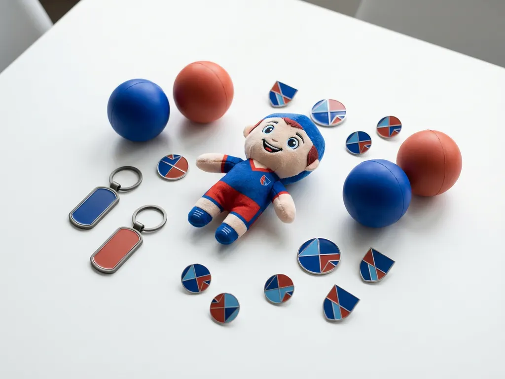 Custom corporate promotional products including plush mascot toy, stress balls, keychains, and enamel pins arranged on a white conference table.