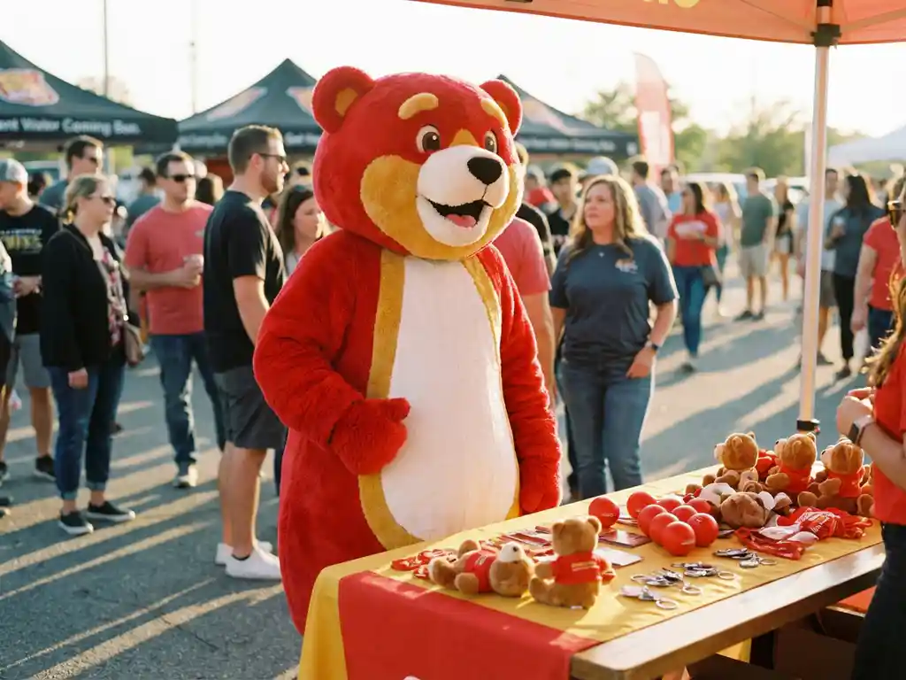 Custom bear mascot costume at an outdoor brand activation event with promotional plush toys, stress balls, and keychains on a branded table at golden hour.
