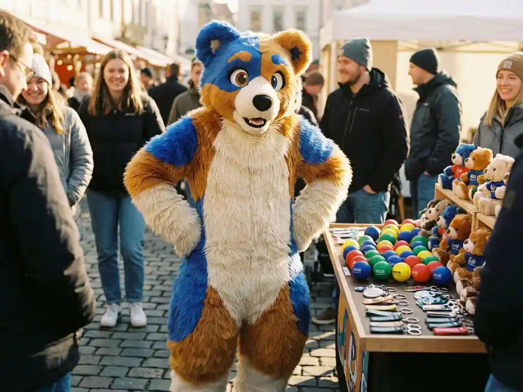 Custom bear mascot costume at an outdoor brand activation event, with branded stress balls, plush toys, and keychains on a display table in golden afternoon light.