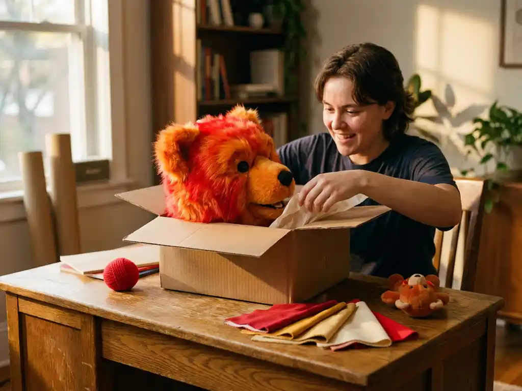 First-time buyer unboxing a bold red custom bear mascot costume on a wooden desk with fabric swatches and plush toy samples nearby.