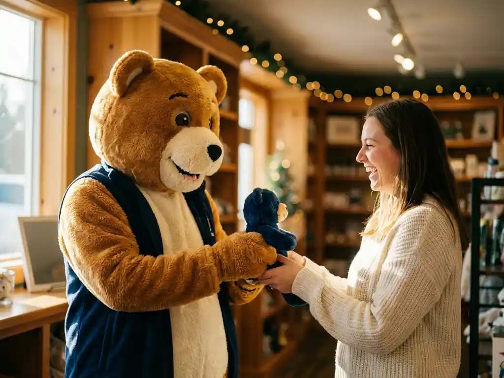 Custom bear mascot costume handing a branded plush toy to a smiling customer in a warmly lit retail setting.