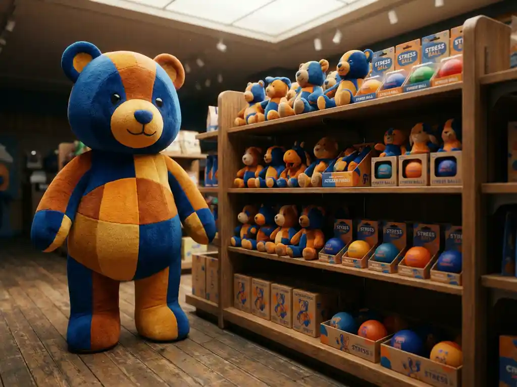 Custom bear mascot costume standing beside a retail display shelf filled with branded plush toys and stress balls in cobalt blue and amber tones.