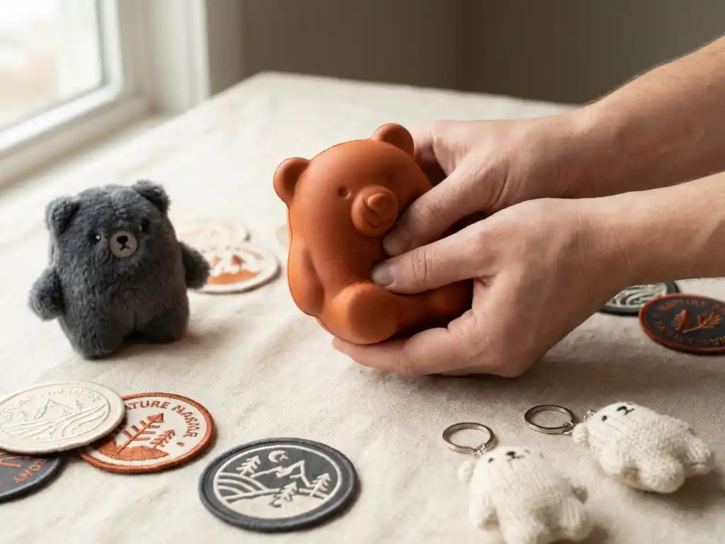 Hands squeezing a bear-shaped stress ball beside plush keychains, embroidered patches, and a mascot plush on cream linen.