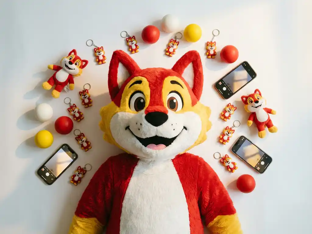 Custom mascot costume character surrounded by branded plush toys, keychains, and stress balls on a white surface with smartphones capturing the display.