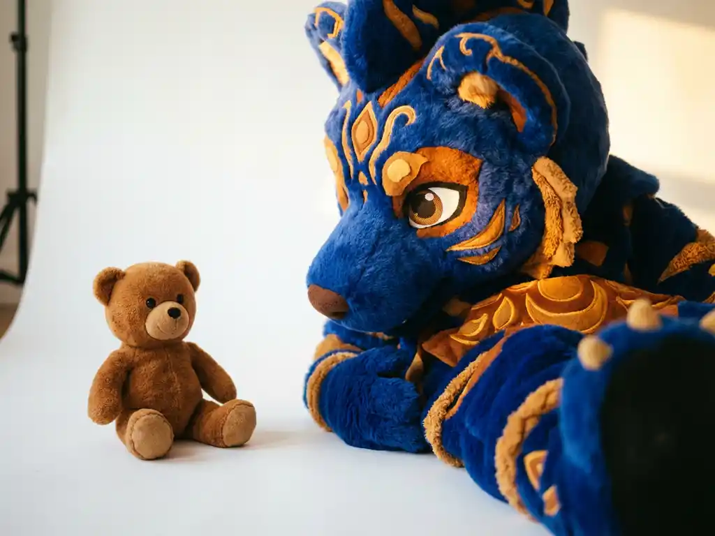 Generic plush bear beside a vibrant cobalt and amber custom mascot costume on a white studio surface, warm lighting highlighting intricate material craftsmanship.