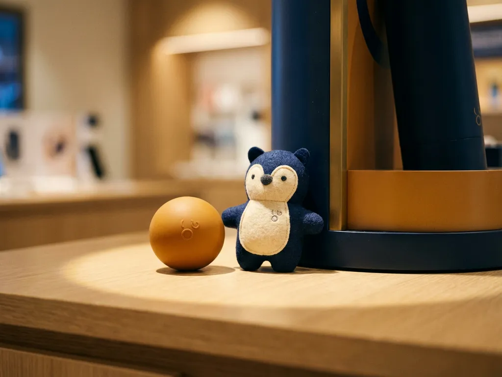 Custom mascot plush toy and branded stress ball displayed beside a large corporate product stand under warm spotlight lighting.
