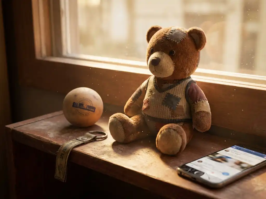 Custom mascot plush toy on a sunlit wooden shelf beside a branded stress ball and keychain, warm amber light with shallow depth of field.