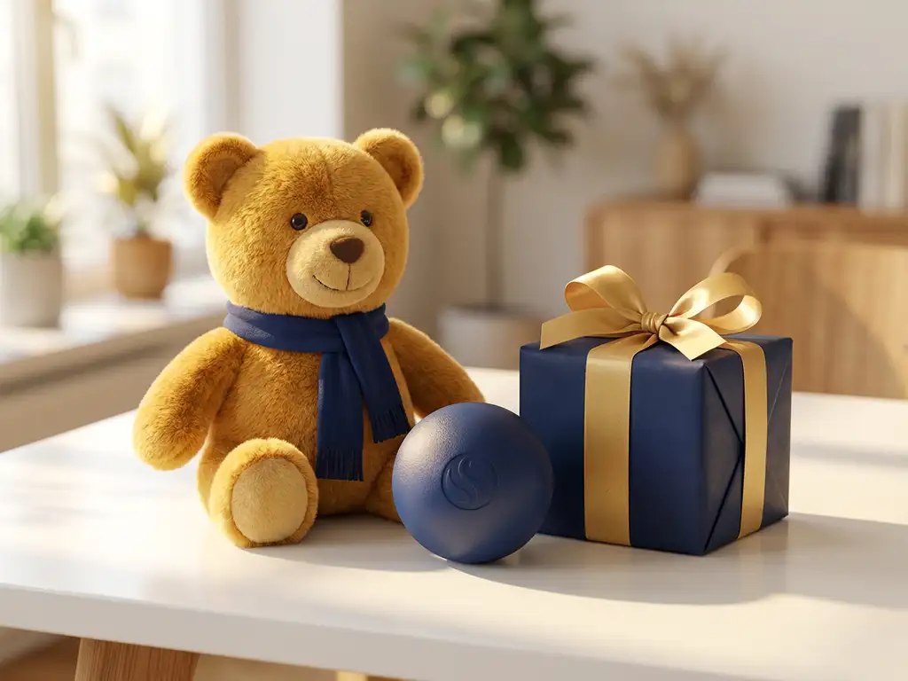 Custom plush bear mascot and branded stress ball beside a satin-ribbon-wrapped corporate gift box on a white desk.