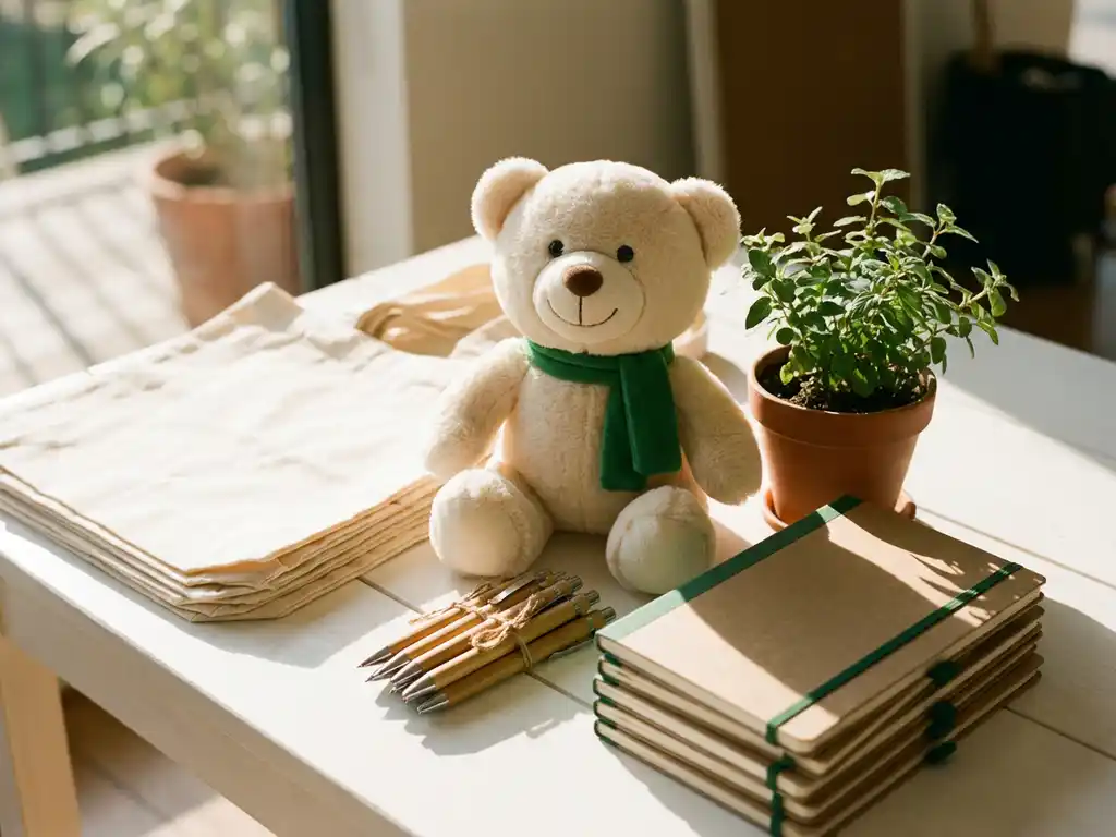 Custom plush bear mascot displayed with eco-friendly promotional products including reusable tote bags, bamboo pens, and recycled notebooks beside a green plant.