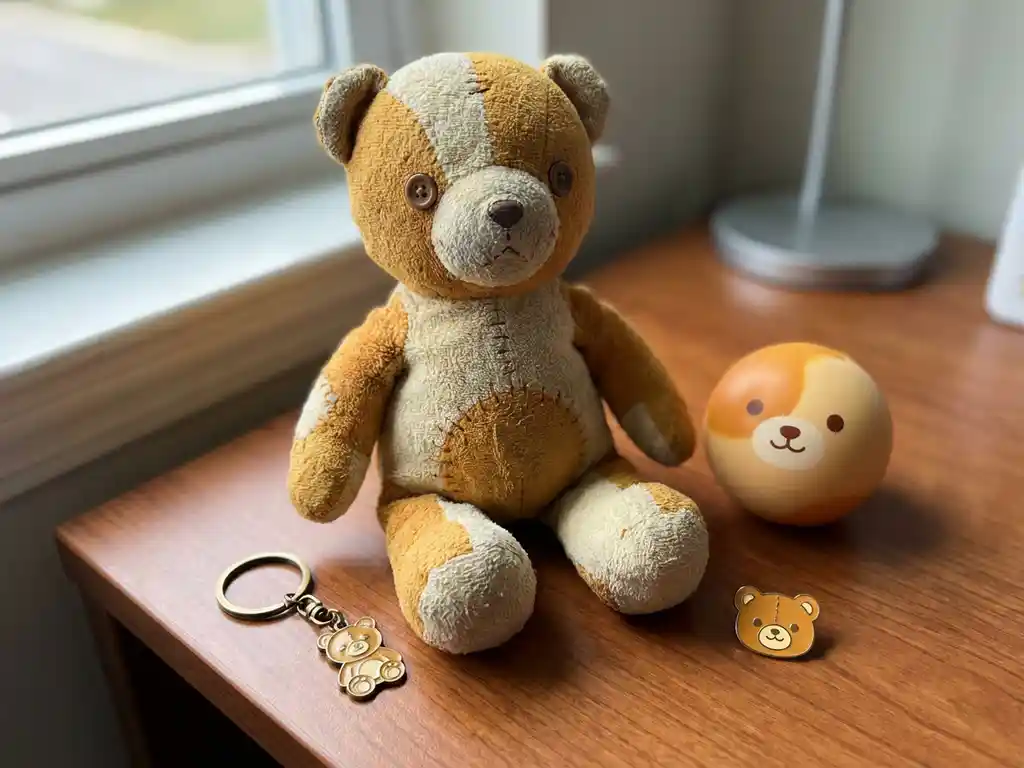 Custom plush bear mascot on a wooden desk beside matching keychain, stress ball, and enamel pin in warm amber and cream tones.