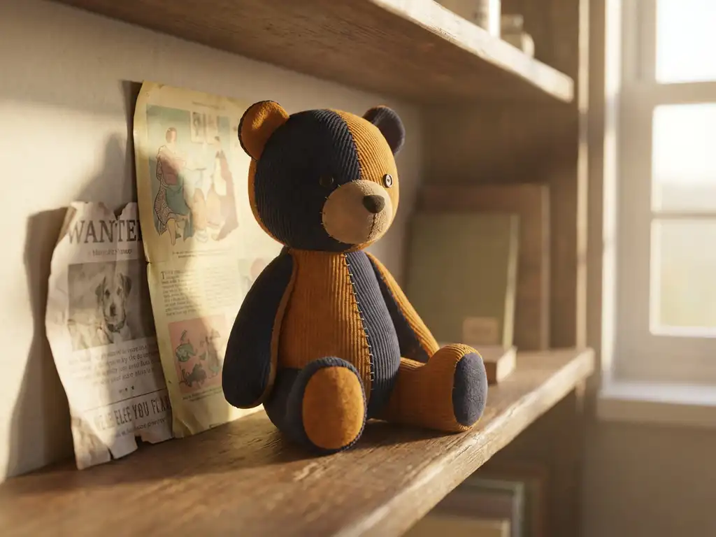 Custom plush bear mascot on wooden shelf beside aged magazine ad and crumpled flyer, warm amber light highlighting fabric texture and stitching.