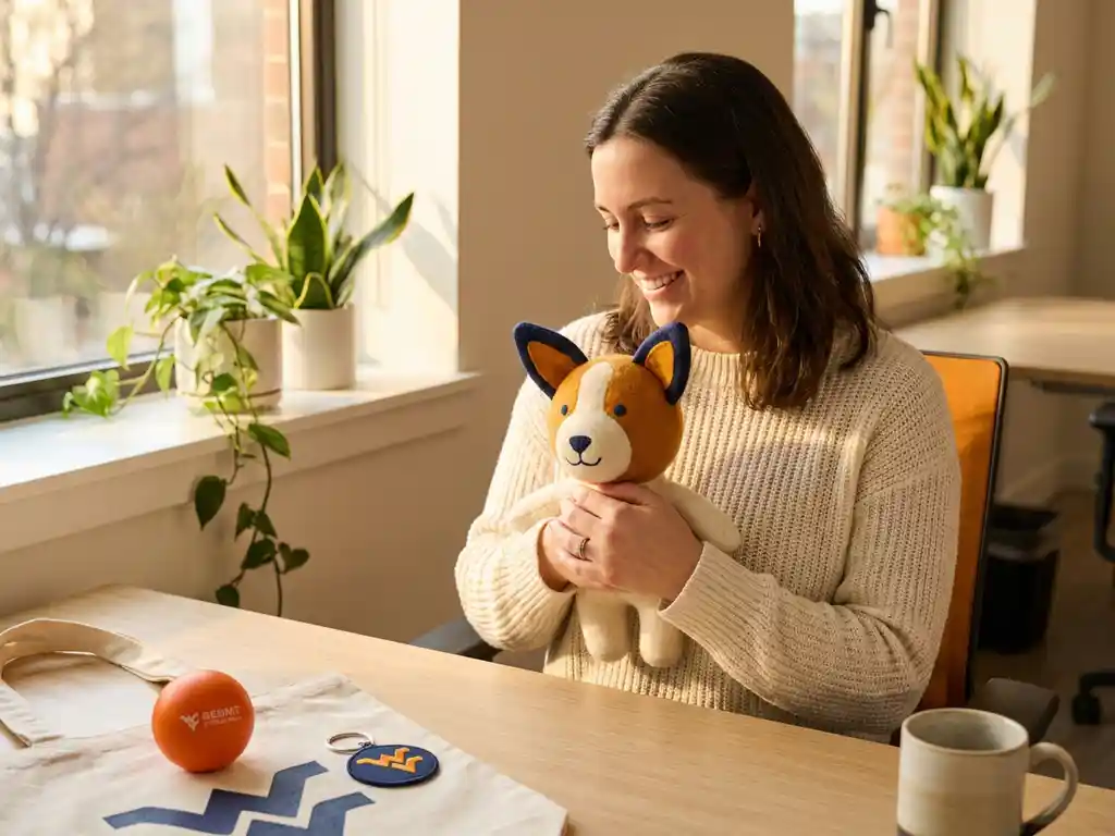 Smiling employee holding a custom plush mascot toy at a modern office desk with branded merchandise including a stress ball, keychain, and tote bag.