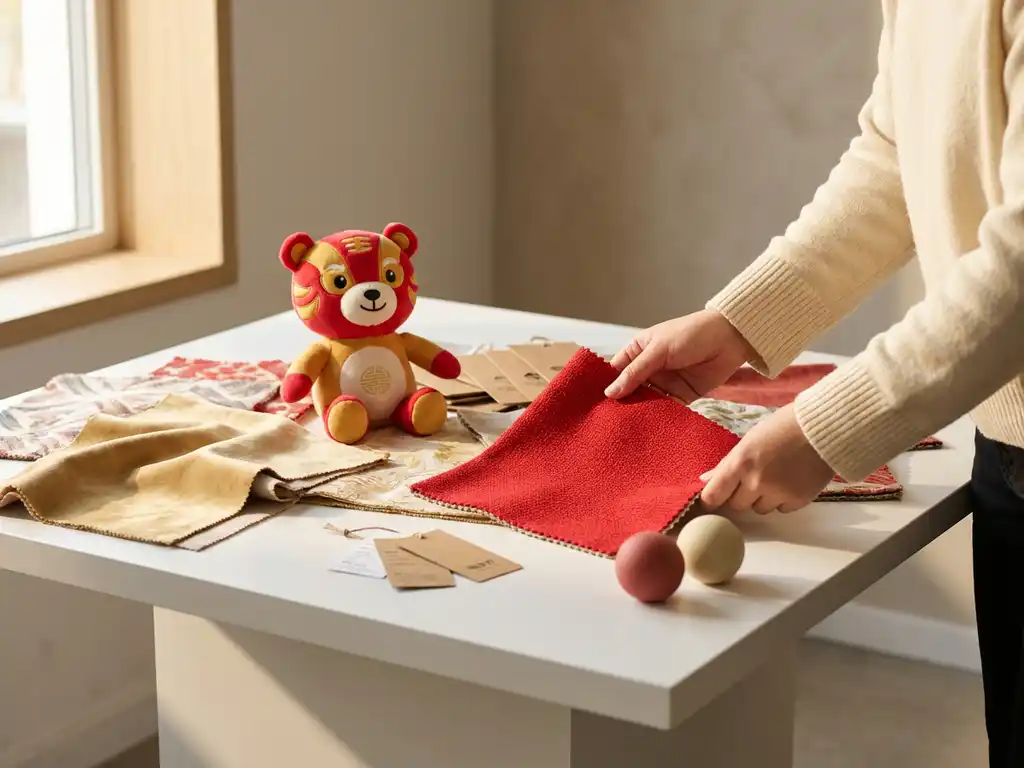 Buyer reviewing fabric swatches, material samples, and a custom plush mascot toy on a white studio table with product tags and stress balls nearby.