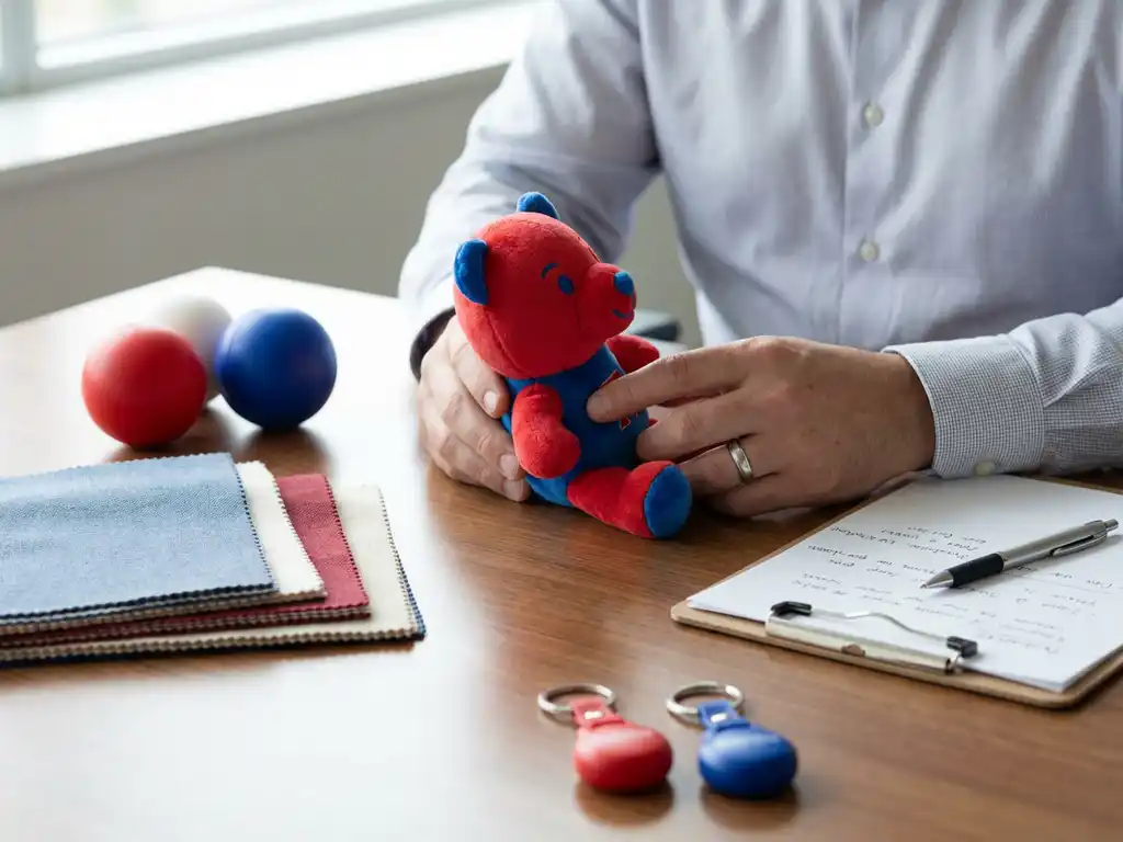Procurement professional inspecting a custom plush mascot on a desk beside material swatches, evaluation notes, and branded promotional product samples.