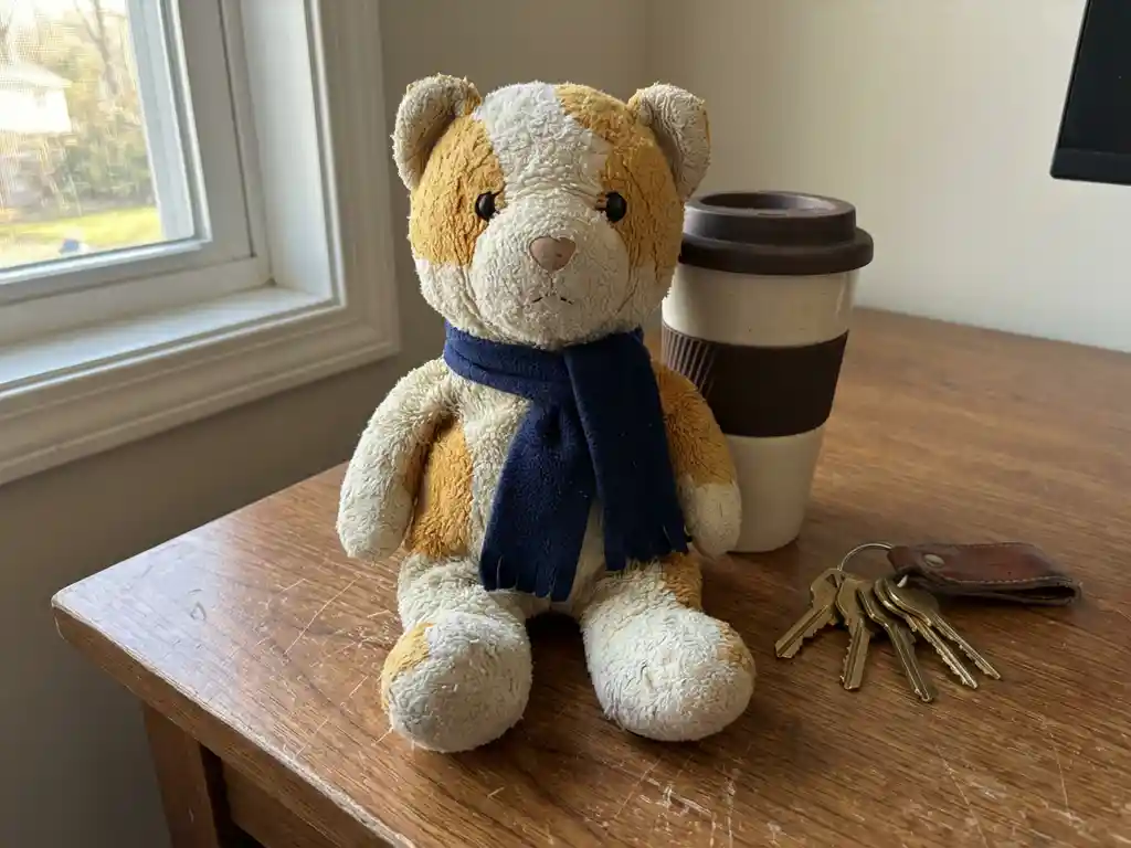 Custom plush mascot toy on a wooden desk beside a travel coffee mug and keys, warm morning light highlighting fabric texture.