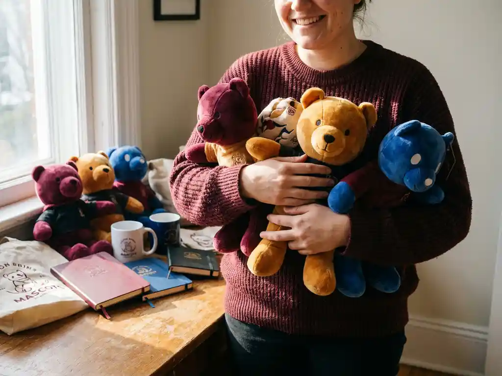 Person holding colorful custom plush mascot toys and branded merchandise on a sunlit wooden desk with warm burgundy and golden tones.