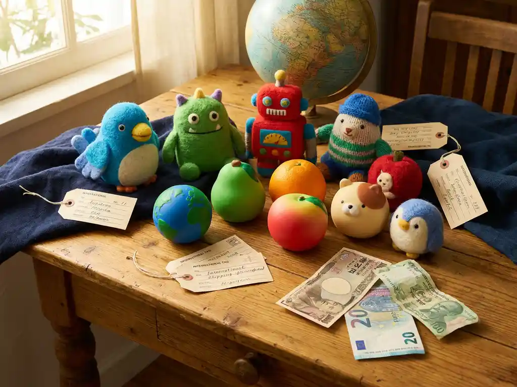 Custom plush mascot toys and stress balls on a wooden table with shipping tags, a globe, and foreign currency in warm amber light.
