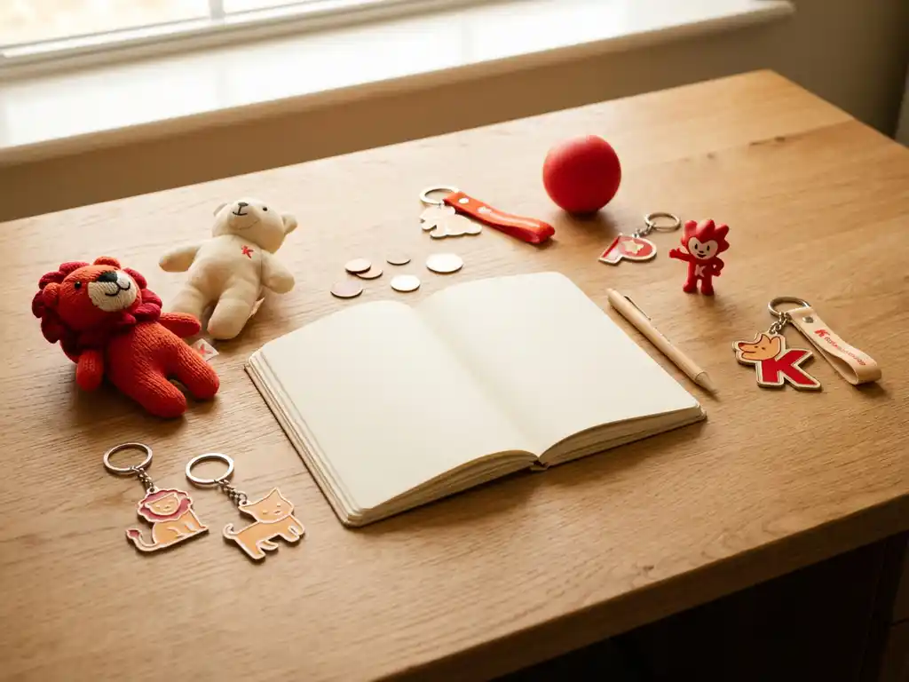 Flat lay of custom plush toys, stress ball, branded keychains, and mascot figurine around an open notebook with pen and coins on a light oak desk.