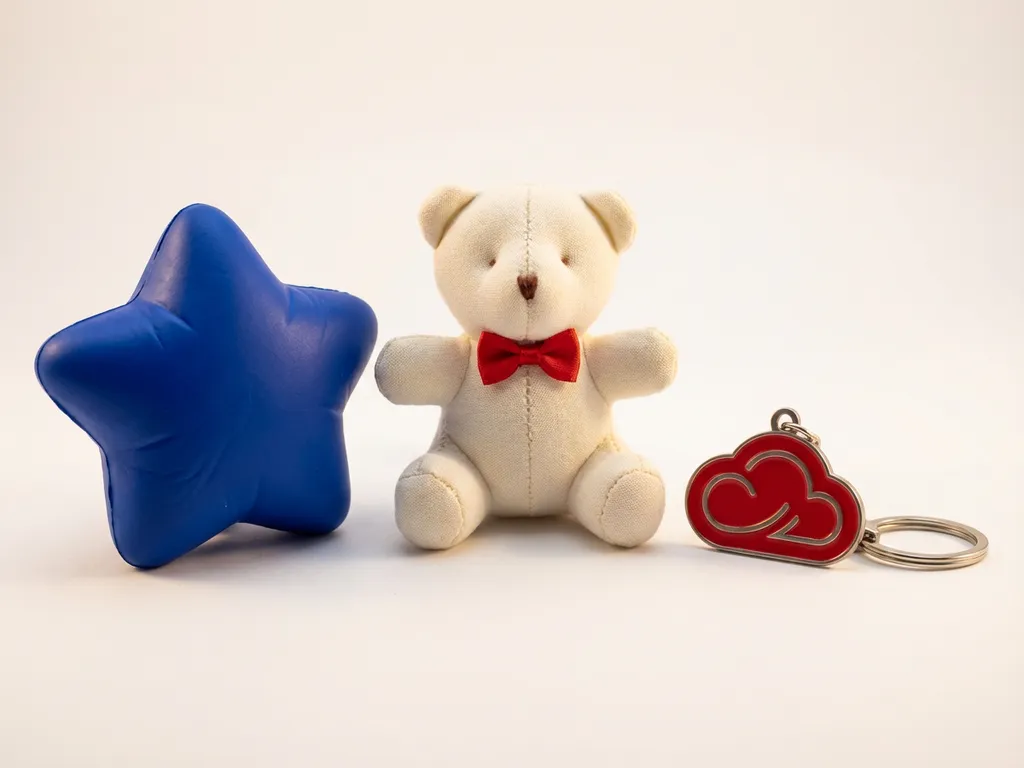 Star-shaped stress ball, bear plush toy, and logo keychain in cobalt blue, red, and cream arranged on white surface.