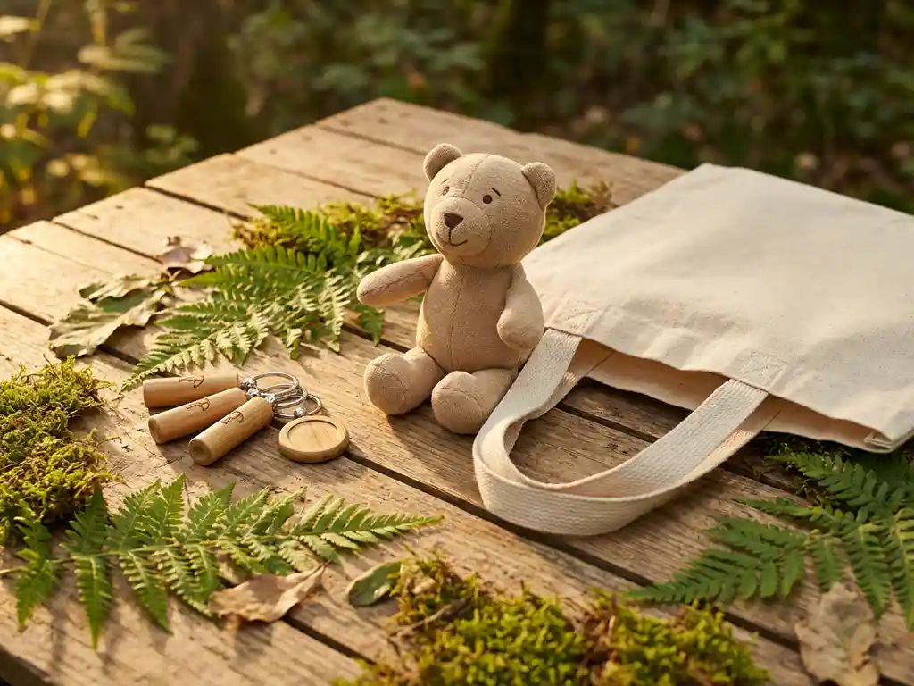 Eco-friendly promotional products including bamboo keychains, recycled tote bags, and organic cotton plush bear on reclaimed wood with green leaves.