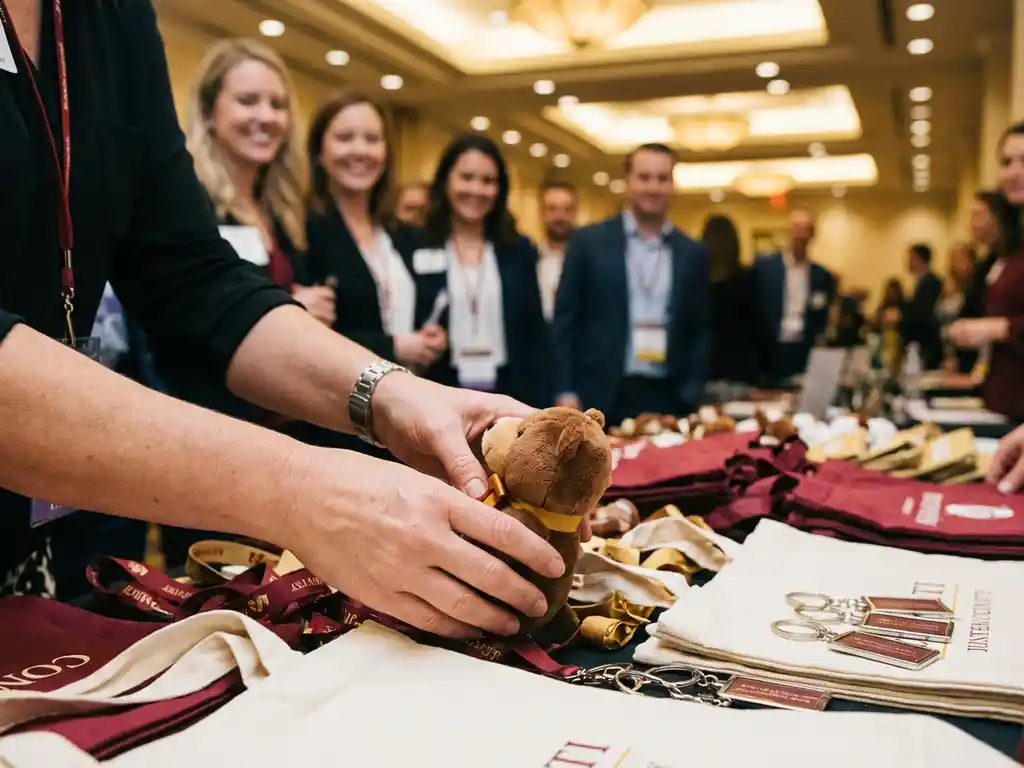Convention attendee grabbing a plush bear stress ball from a branded merchandise table filled with lanyards, tote bags, and keychains.