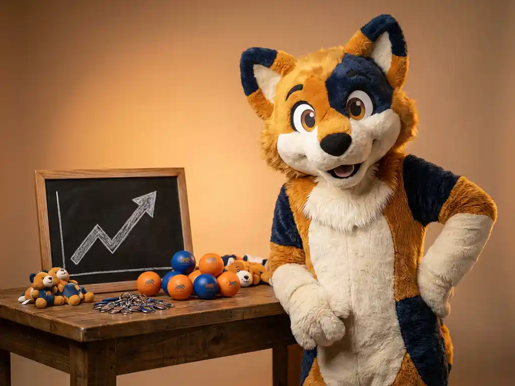 Colorful custom mascot costume beside a wooden desk with branded merchandise and a chalkboard showing an upward-trending graph.