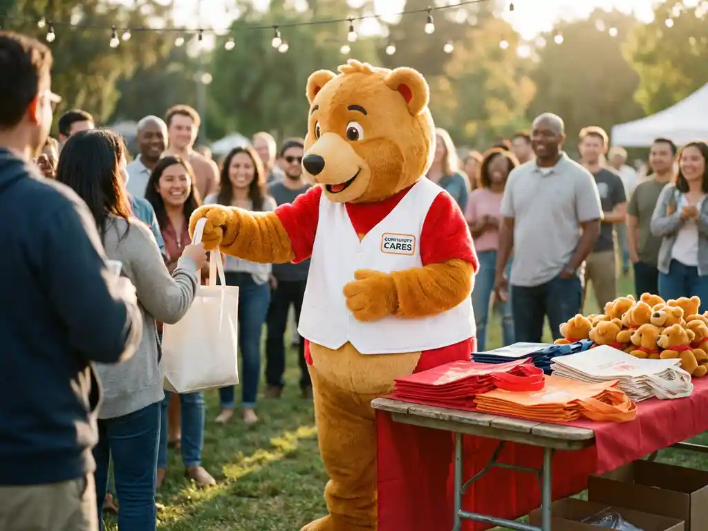 Custom mascot costume character distributing branded tote bags and plush toys at a golden-hour nonprofit awareness event.