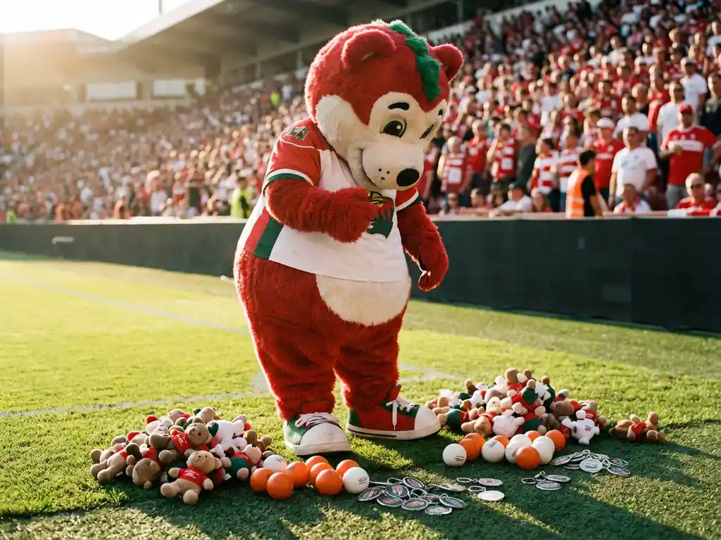 Custom mascot costume on a stadium field surrounded by branded plush toys, stress balls, and keychains, with a packed crowd in the background.