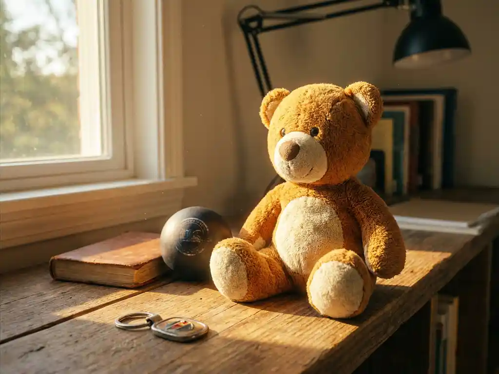 Plush bear mascot displayed on a wooden shelf with a branded stress ball and keychain in a warm home office.